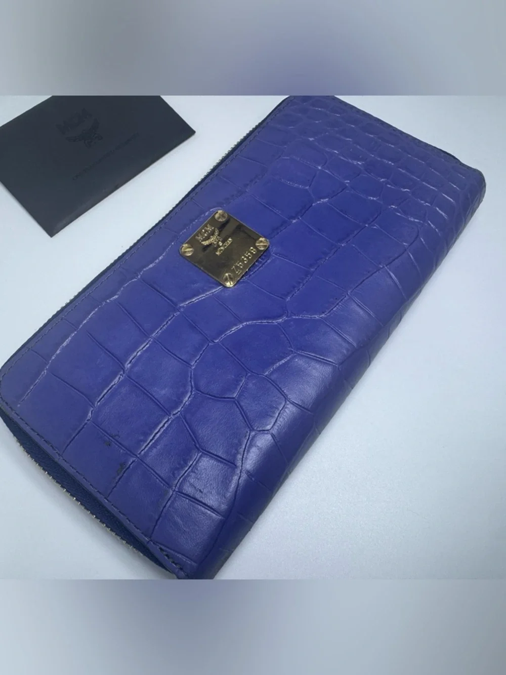 MCM Long Wallet Zip Blue Croc Leather Gold Hardware Continental Wallet Authentic - Picture 8 of 14